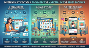 Comparativa entre un ecommerce, un marketplace y las redes sociales para ayudar a emprendedores y PyMEs a elegir la mejor estrategia de ventas online.