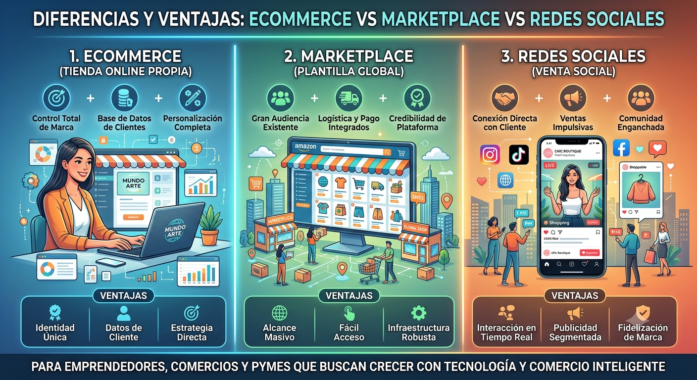 Comparativa entre un ecommerce, un marketplace y las redes sociales para ayudar a emprendedores y PyMEs a elegir la mejor estrategia de ventas online.